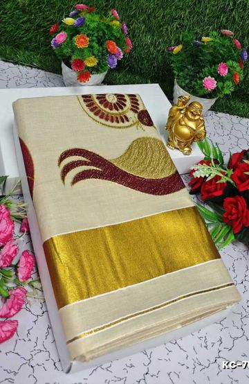 TRENDING KERALA SPECIAL FULL WORK EMBOSSED DIGITAL PRINTING TISSUE SAREE COLLECTIONS - GOLD (7)