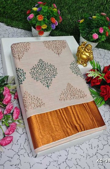 Fancy print office wear cotton sarees all over body kodi poo pattern design premium look lightweight comfortable wear - TOMATO COLOUR