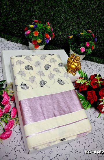 TRENDING KERALA SPECIAL FULL WORK EMBOSSED DIGITAL PRINTING  COTTON SAREE COLLECTIONS - WHITE (40)