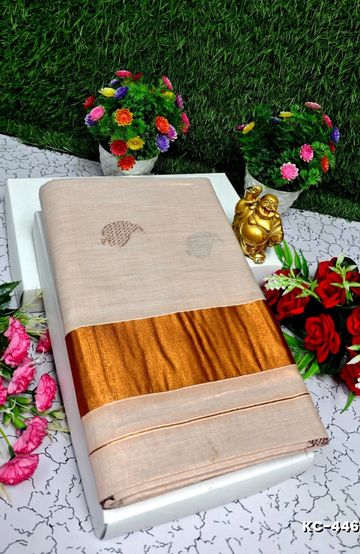 TRENDING KERALA SPECIAL FULL WORK EMBOSSED DIGITAL PRINTING TISSUE SAREE COLLECTIONS - PEACH COLOUR (4)