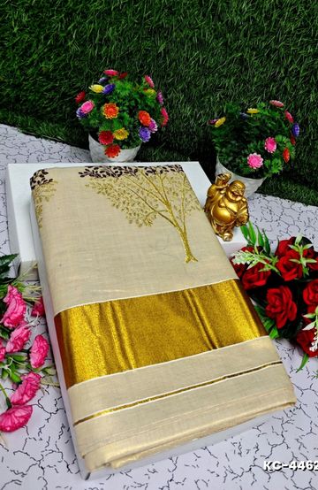TRENDING KERALA SPECIAL FULL WORK EMBOSSED DIGITAL PRINTING TISSUE SAREE COLLECTIONS - GOLD (8)