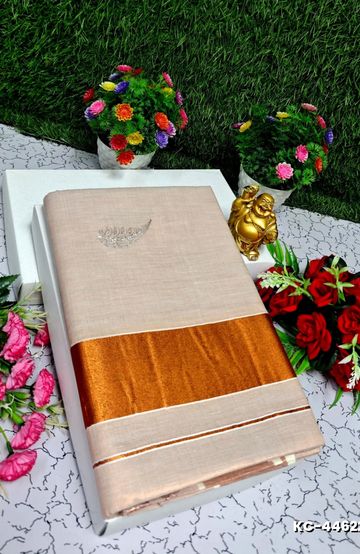 TRENDING KERALA SPECIAL FULL WORK EMBOSSED DIGITAL PRINTING TISSUE SAREE COLLECTIONS - LIGHT SANDLE (2)