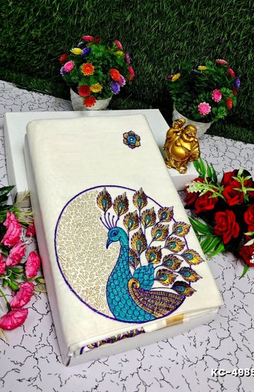 TRENDING KERALA SPECIAL FULL WORK EMBOSSED DIGITAL PRINTING COTTON SAREE COLLECTIONS - IVORY COLOUR (32)