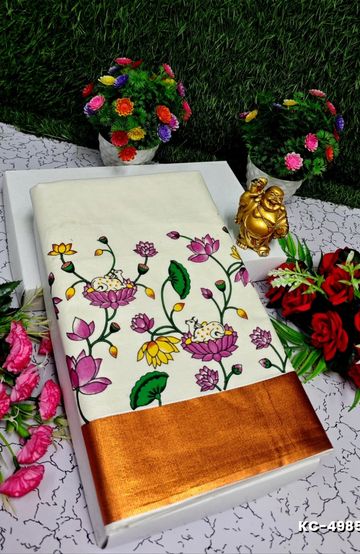 TRENDING KERALA SPECIAL FULL WORK EMBOSSED DIGITAL PRINTING COTTON SAREE COLLECTIONS - WHITE (46)