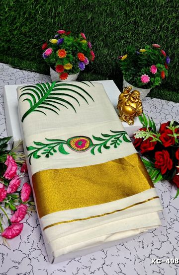 TRENDING KERALA SPECIAL FULL WORK EMBOSSED DIGITAL PRINTING COTTON SAREE COLLECTIONS- BEIGE COLOUR (35)