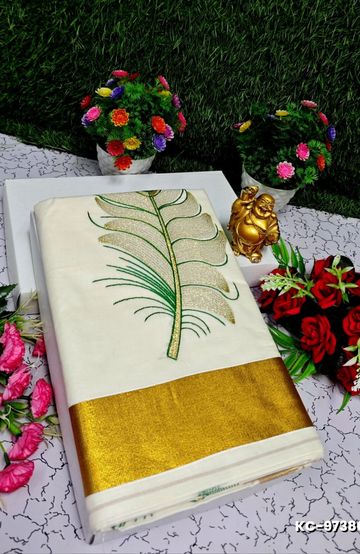 TRENDING KERALA SPECIAL FULL WORK EMBOSSED DIGITAL PRINTING COTTON  SAREE COLLECTIONS - GOLD (15)