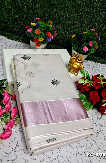 TRENDING KERALA SPECIAL FULL WORK EMBOSSED DIGITAL PRINTING TISSUE SAREE COLLECTIONS - IVORY COLOUR (34)