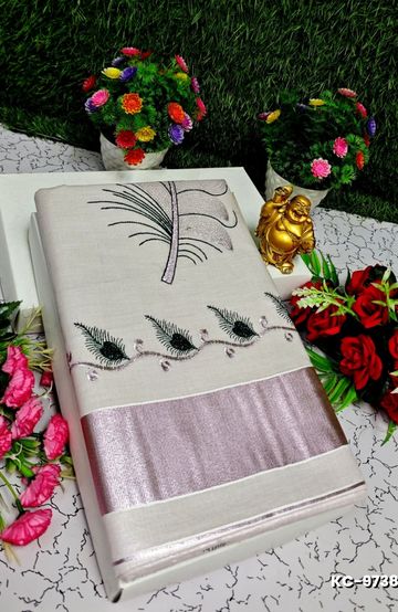 TRENDING KERALA SPECIAL FULL WORK EMBOSSED DIGITAL PRINTING TISSUE SAREE COLLECTIONS - WHITE (48)