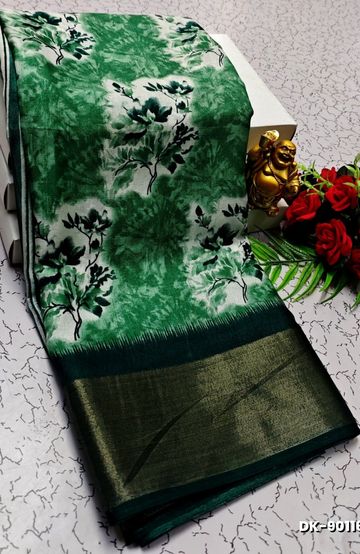DIGITAL PRINTING DOLA SILK COTTON SAREES - GREEN COLOUR