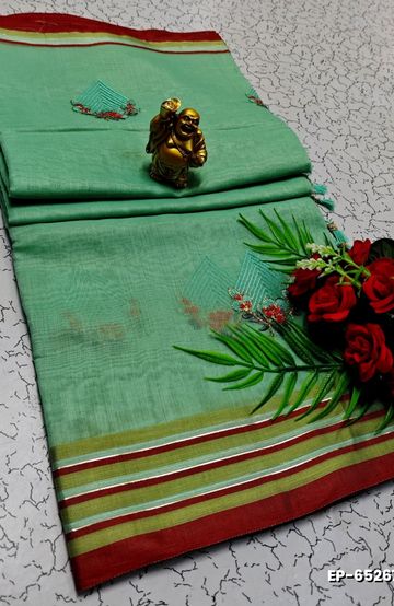 DIGITAL EMBROIDERY PRINTING COTTON SAREES - EMERALD COLOUR