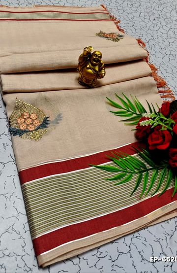DIGITAL EMBROIDERY PRINTING COTTON SAREES - LIGHT SANDLE