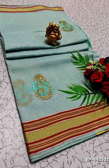 DIGITAL EMBROIDERY PRINTING COTTON SAREES - LIGHT SKY BLUE (3)