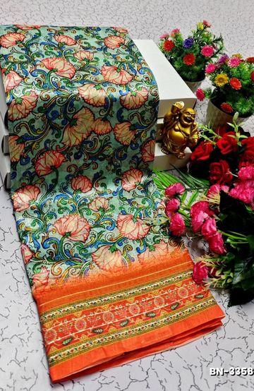 DESIGNER SOFT BANARASI SILK WITH KALAMKARI THEME  EXCLUSIVE MODEL WITH PURE ZARI  BORDER - LIGHT GREEN SHADE