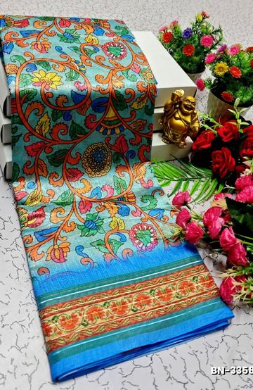 DESIGNER SOFT BANARASI SILK WITH KALAMKARI THEME  EXCLUSIVE MODEL WITH PURE ZARI  BORDER - BLUE SHADE