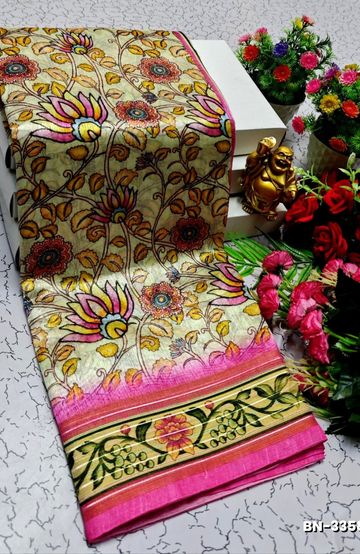 DESIGNER SOFT BANARASI SILK WITH KALAMKARI THEME  EXCLUSIVE MODEL WITH PURE ZARI  BORDER - LIGHT PEACH