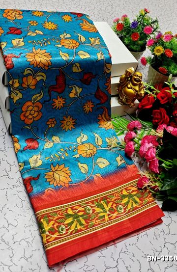 DESIGNER SOFT BANARASI SILK WITH KALAMKARI THEME  EXCLUSIVE MODEL WITH PURE ZARI  BORDER - BLUE COLOUR
