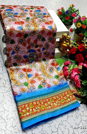 DESIGNER SOFT BANARASI SILK WITH KALAMKARI THEME  EXCLUSIVE MODEL WITH PURE ZARI  BORDER - BABY PINK