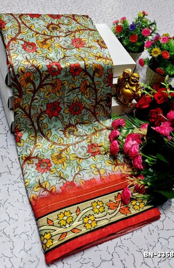 DESIGNER SOFT BANARASI SILK WITH KALAMKARI THEME  EXCLUSIVE MODEL WITH PURE ZARI  BORDER - LIGHT SKY BLUE