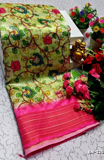 DESIGNER SOFT BANARASI SILK WITH KALAMKARI THEME  EXCLUSIVE MODEL WITH PURE ZARI  BORDER - LIGHT GREEN