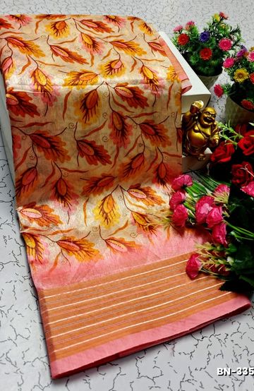 DESIGNER SOFT BANARASI SILK WITH KALAMKARI THEME  EXCLUSIVE MODEL WITH PURE ZARI  BORDER - LIGHT SANDLE