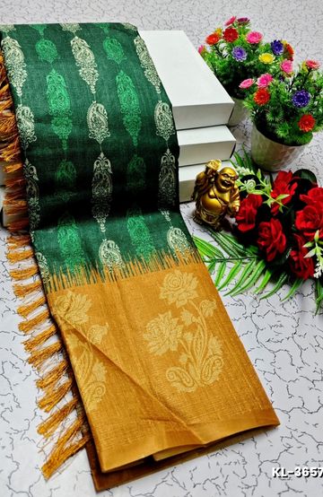 DEGITAL KARGIL PRINTED  COTTON TYPE SAREE - - BOTTLE GREEN