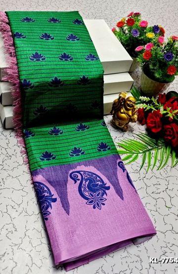 DESIGNER SOFT BANARASI SILK WITH KALAMKARI THEME  EXCLUSIVE MODEL WITH PURE ZARI  BORDER - BLUE SHADE