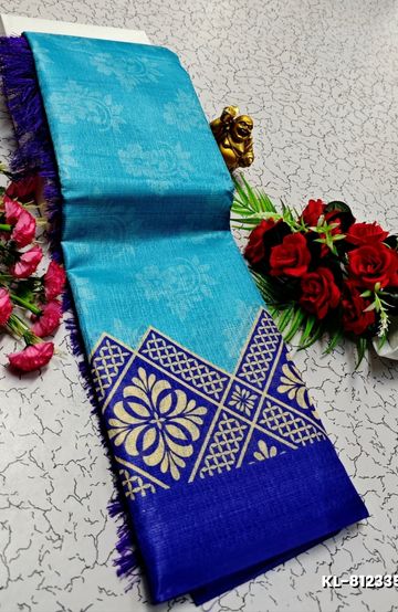 TRENDING DIGITAL EMBROIDERY ZARI WORK KALIYANI COTTON SAREES - BLUE COLOUR