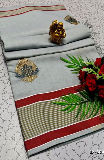 DIGITAL EMBROIDERY PRINTING COTTON SAREES - LIGHT BLUE N (1)