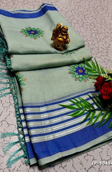DIGITAL EMBROIDERY PRINTING COTTON SAREES - LIGHT GREEN SHADE (3)