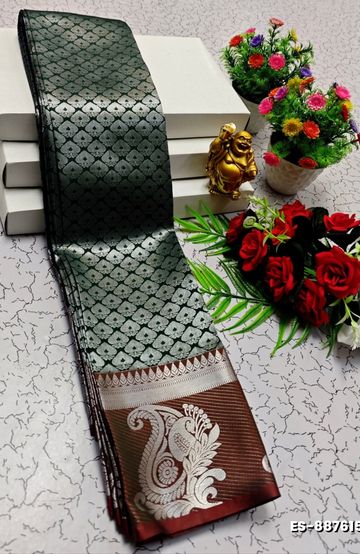 BRIDAL SILK GOLD SILVAR AND COPPER ZARI WEAVE AND WEDDING ART SILK SAREES - LIGHT SANDLE (5)