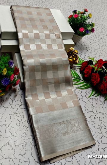 Elegant Floral Dola Silk Saree with Zari Border - LIGHT BLUE