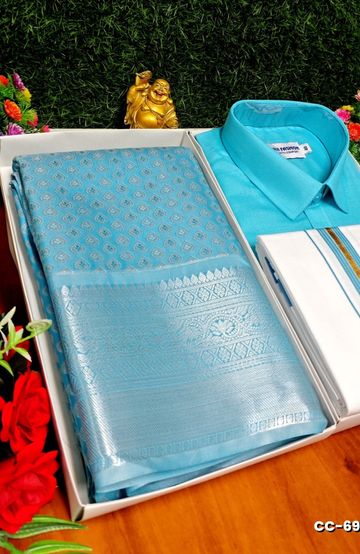 COUPLE COMBO MATCHING AND MATCHING TRADITIONAL SET MATCHING COMBO FOR FESTIVAL SEASONS - DARK SKY BLUE