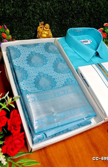 COUPLE COMBO MATCHING AND MATCHING TRADITIONAL SET MATCHING COMBO FOR FESTIVAL SEASONS - SKY BLUE