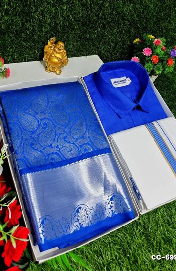 COUPLE COMBO MATCHING AND MATCHING TRADITIONAL SET MATCHING COMBO FOR FESTIVAL SEASONS - ROYAL BLUE