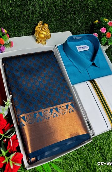 COUPLE COMBO MATCHING AND MATCHING TRADITIONAL SET MATCHING COMBO FOR FESTIVAL SEASONS - LIGHT BLUE