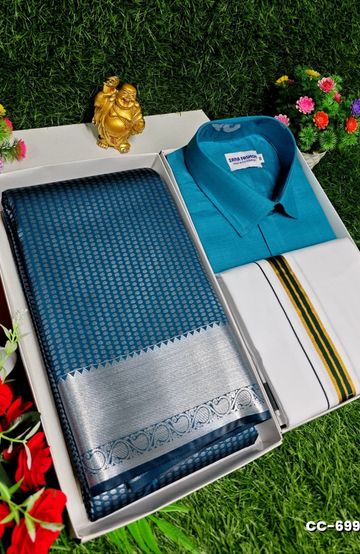 COUPLE COMBO MATCHING AND MATCHING TRADITIONAL SET MATCHING COMBO FOR FESTIVAL SEASONS - BLUE SHADE