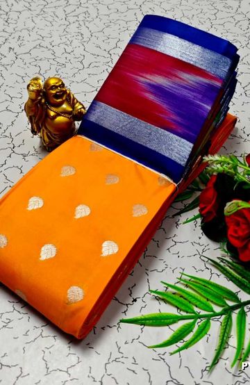 BANARASI POCHAMPALLY ALL OVER BODY SILVAR ZARI BUTTA DESIGN   FUNCTION WEAR SOFT SILK SAREES - ORANGE N