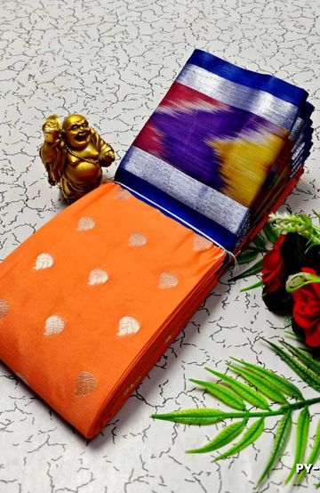 BANARASI POCHAMPALLY ALL OVER BODY SILVAR ZARI BUTTA DESIGN   FUNCTION WEAR SOFT SILK SAREES - ORANGE
