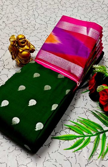 BANARASI POCHAMPALLY ALL OVER BODY SILVAR ZARI BUTTA DESIGN   FUNCTION WEAR SOFT SILK SAREES - DARK GREEN