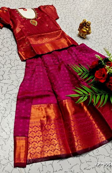 FESTIVAL AND FUNCTION WEAR TRADITIONAL KIDS PATTU PAVADAI STONE WORK DESIGN  - MEJANTA (1)