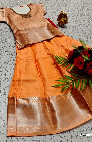 FESTIVAL AND FUNCTION WEAR TRADITIONAL KIDS PATTU PAVADAI STONE WORK DESIGN  - PEACH COLOUR