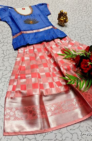 FESTIVAL AND FUNCTION WEAR TRADITIONAL KIDS PATTU PAVADAI STONE WORK DESIGN  - BLUE COLOUR (2)