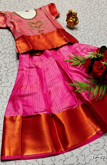 FESTIVAL AND FUNCTION WEAR TRADITIONAL KIDS PATTU PAVADAI STONE WORK DESIGN  - LIGHT PINK (1)