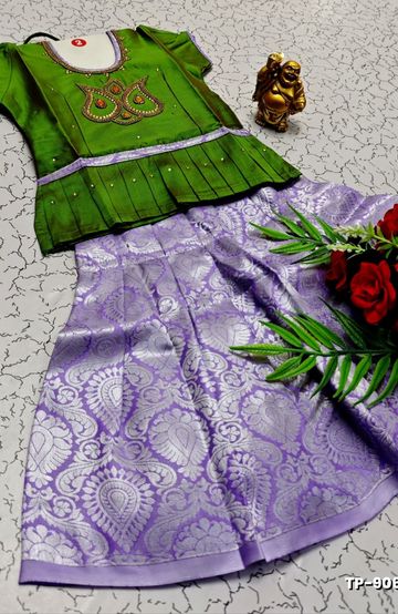 FESTIVAL AND FUNCTION WEAR TRADITIONAL KIDS PATTU PAVADAI STONE WORK DESIGN  - GREEN (4)