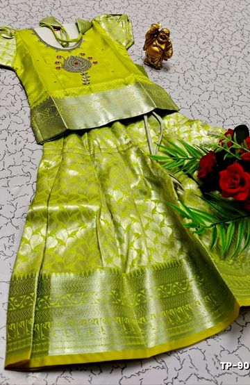 FESTIVAL AND FUNCTION WEAR TRADITIONAL KIDS PATTU PAVADAI STONE WORK DESIGN  - FLORAISON GREEN