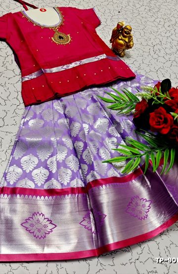 FESTIVAL AND FUNCTION WEAR TRADITIONAL KIDS PATTU PAVADAI STONE WORK DESIGN  - RED (2)