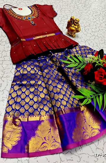 FESTIVAL AND FUNCTION WEAR TRADITIONAL KIDS PATTU PAVADAI STONE WORK DESIGN  - MERUN (2)