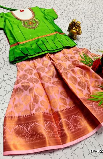FESTIVAL AND FUNCTION WEAR TRADITIONAL KIDS PATTU PAVADAI STONE WORK DESIGN - GREEN (5)