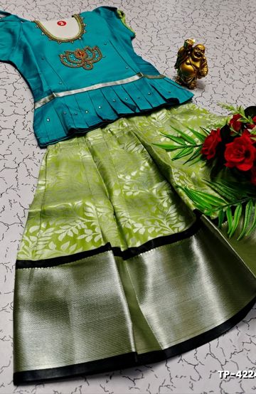 FESTIVAL AND FUNCTION WEAR TRADITIONAL KIDS PATTU PAVADAI STONE WORK DESIGN  - TEAL COLOUR (2)