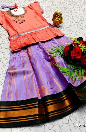 FESTIVAL AND FUNCTION WEAR TRADITIONAL KIDS PATTU PAVADAI STONE WORK DESIGN - CORAL COLOUR (4)